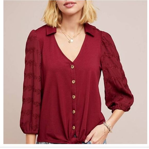 Vanessa Virginia by Anthro Lenora Waist Knot Tie Cranberry Jersey Knit Top Small - Picture 1 of 10